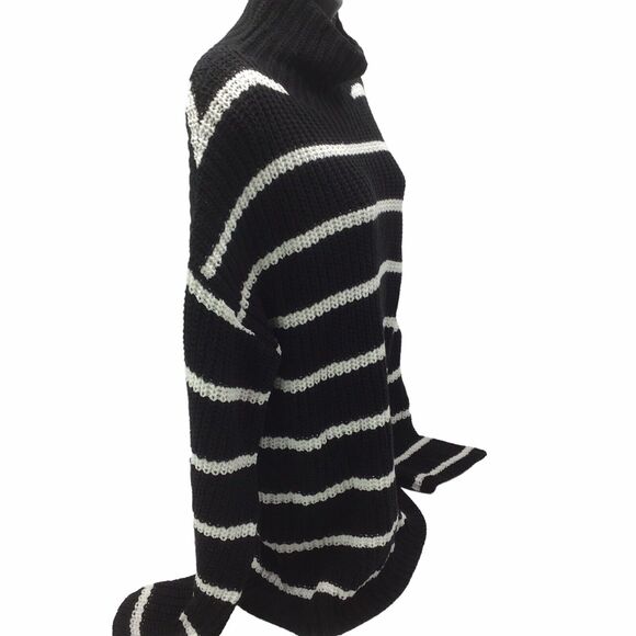 Caslon Women’s Small Black White Chunky Turtleneck Pullover Striped Sweater - Picture 3 of 13